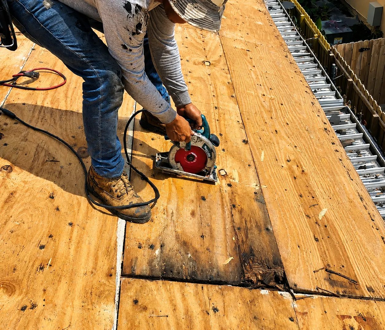Skymen Roofing crew member cutting out damaged roof decking