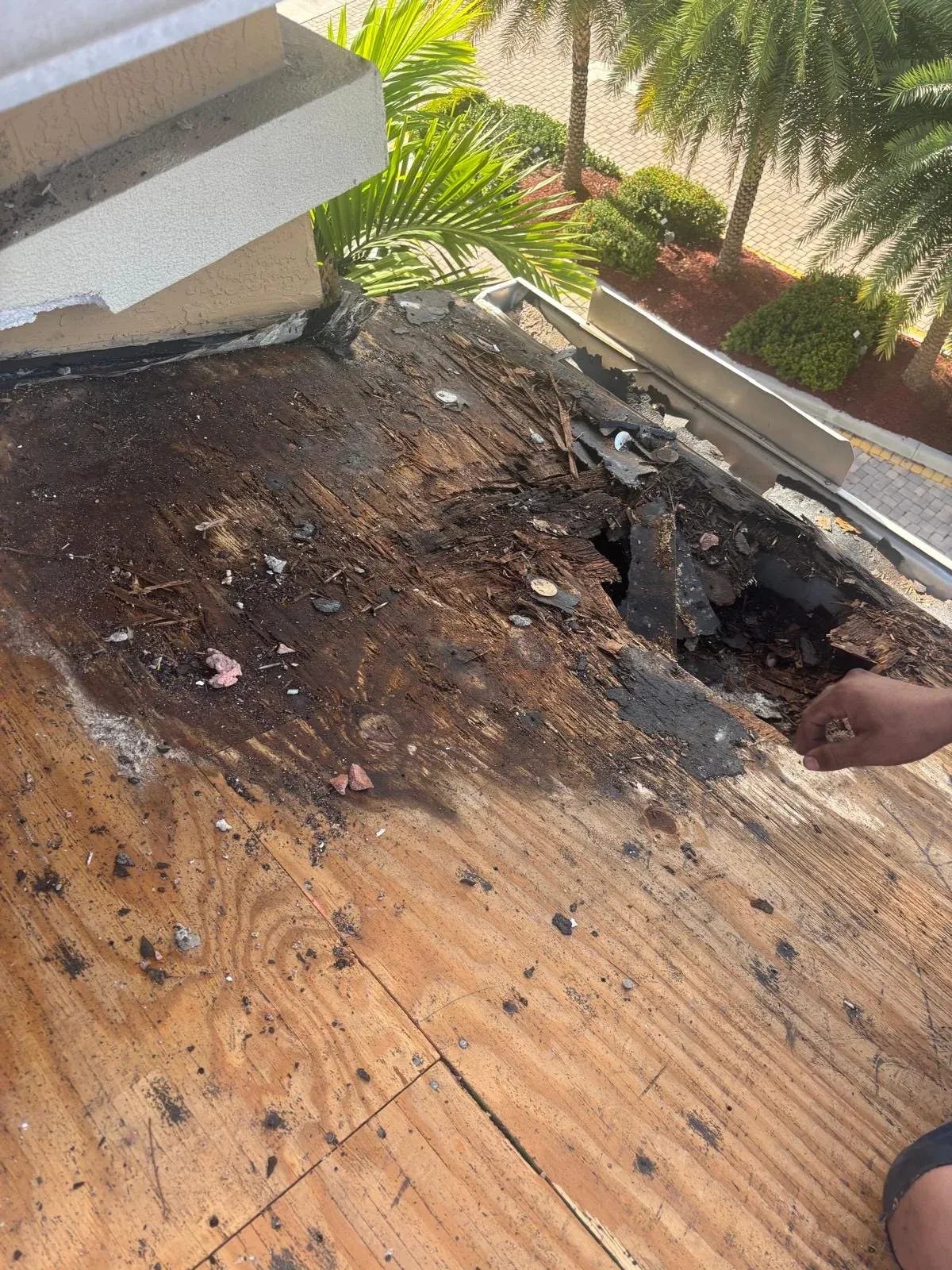 Close-up of rotted roof decking with a hole, caused by long-term water intrusion